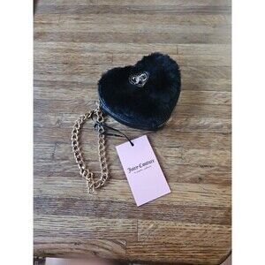 NWT Juicy Couture Get Cozy Heart Gold Zip Around Black Fur Wristlet Pouch Rare